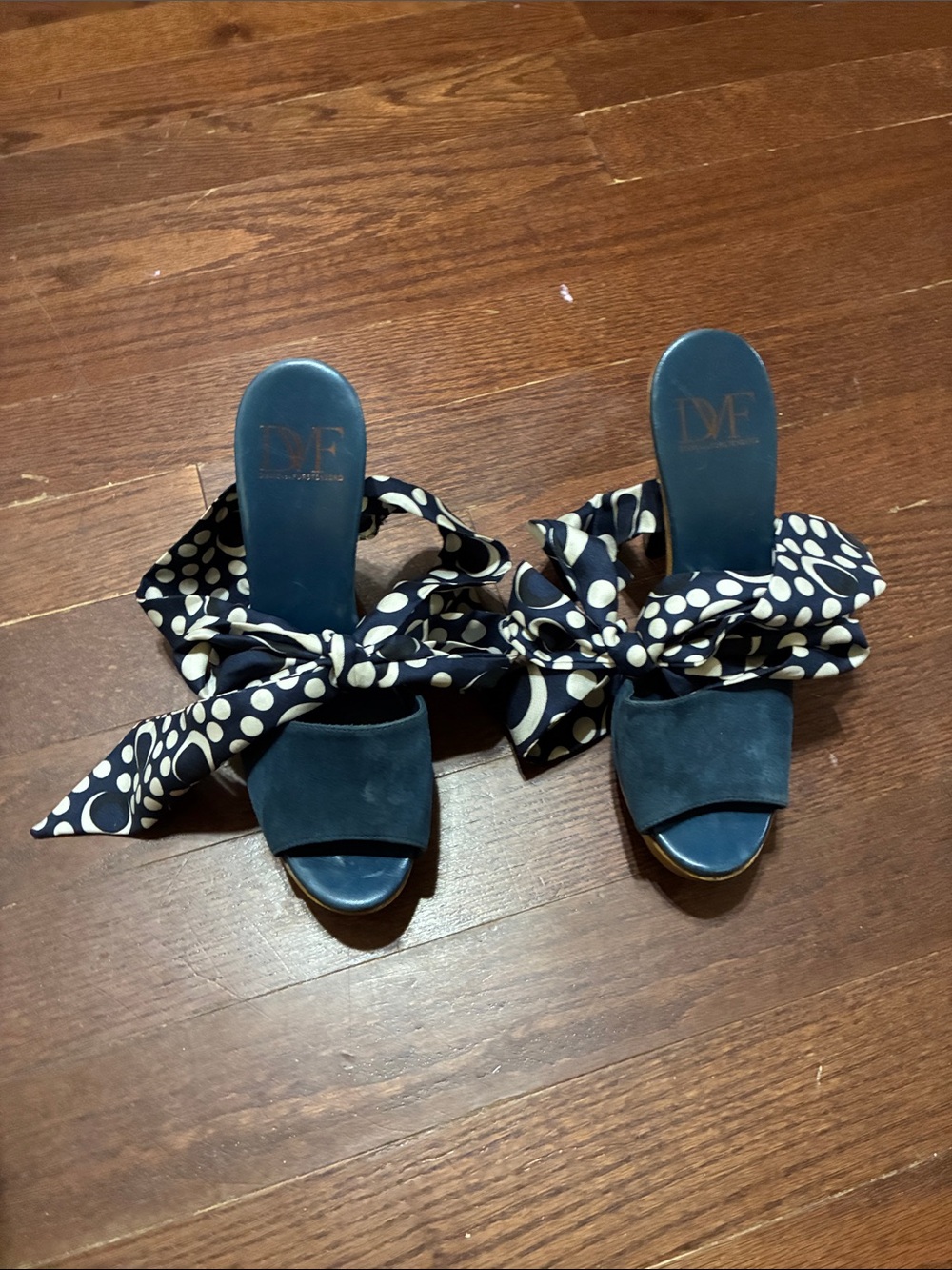 Diane Von Furstenberg Navy Suede Slide Mules with Polka Dot Bow
